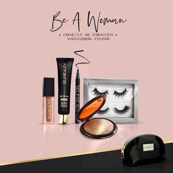 SelinBeauty Be A Woman: BB cream - Goddes Bronze - Créme Cup Lipgloss - Eyeliner - Volle wimpers 2 stuks - Beauty Tas